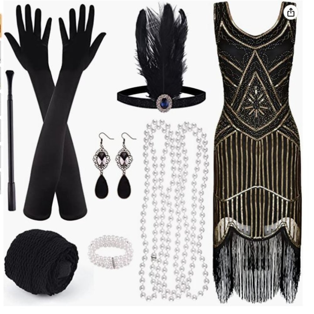 1920s V Neck Sequin Beaded Fringed Dress with 20s Accessories Set